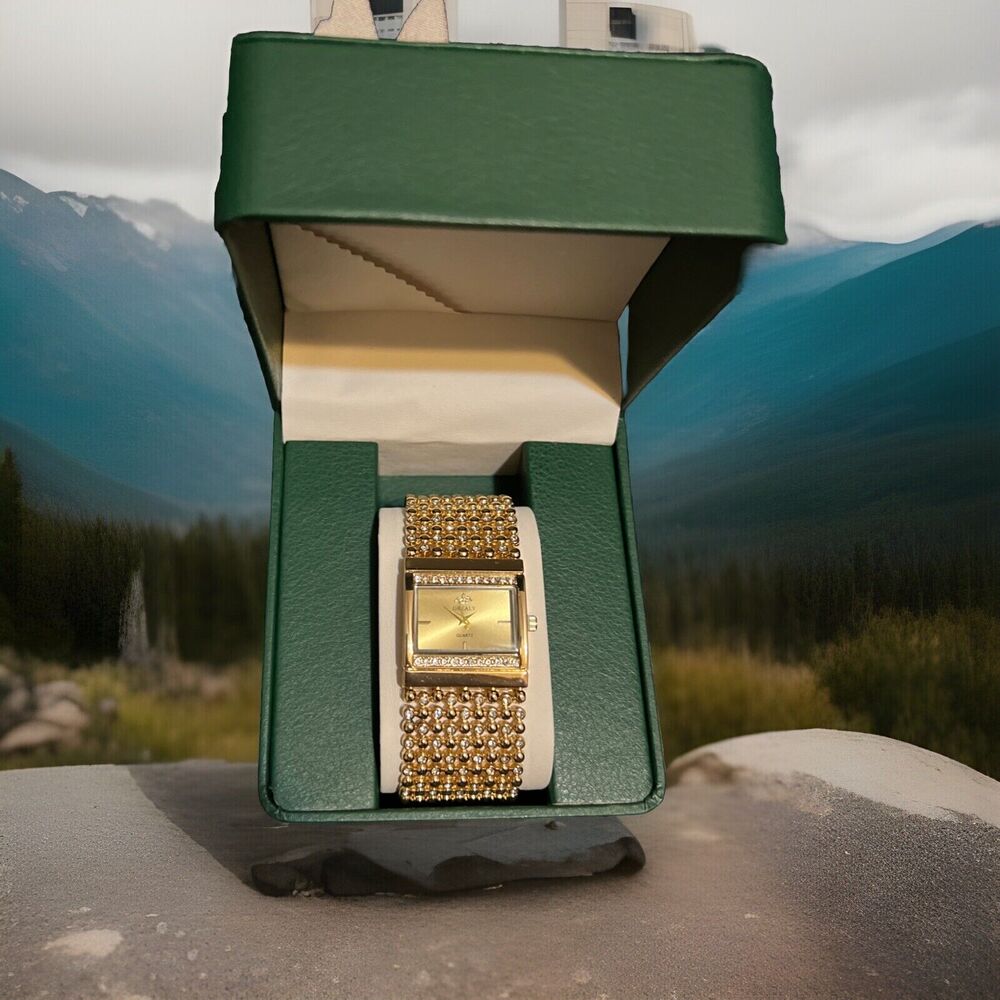 Grealy Quartz Crystal Encrusted Gold Tone Bracelet And Case Wristwatch